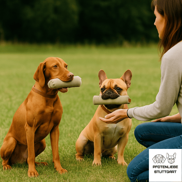 Hunde sitzen vor Menschen mit Dummy im Maul Stuttgart Hundeschule