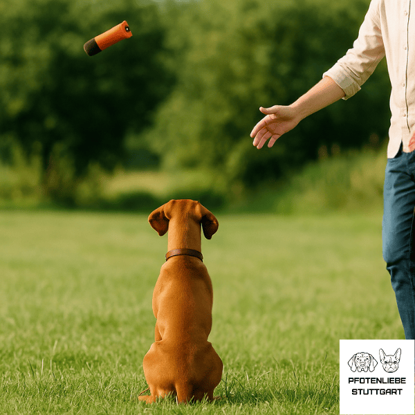 Hund sitzt Dummy wird geworfen  Stuttgart Hundeschule
