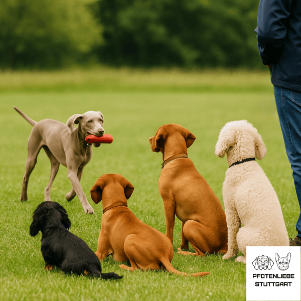 Hund apportiert Dummy während andere Hunde wartenStuttgart Hundeschule