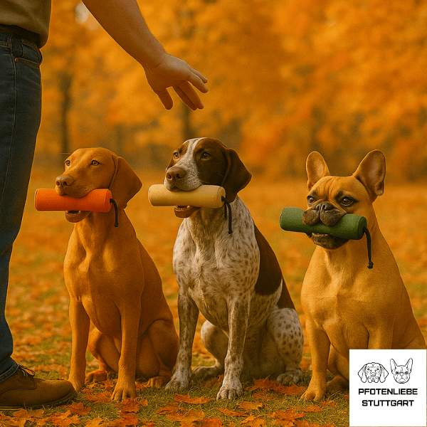Hunde sitzen mit Dummy im Maul, Stuttgart Hundeschule