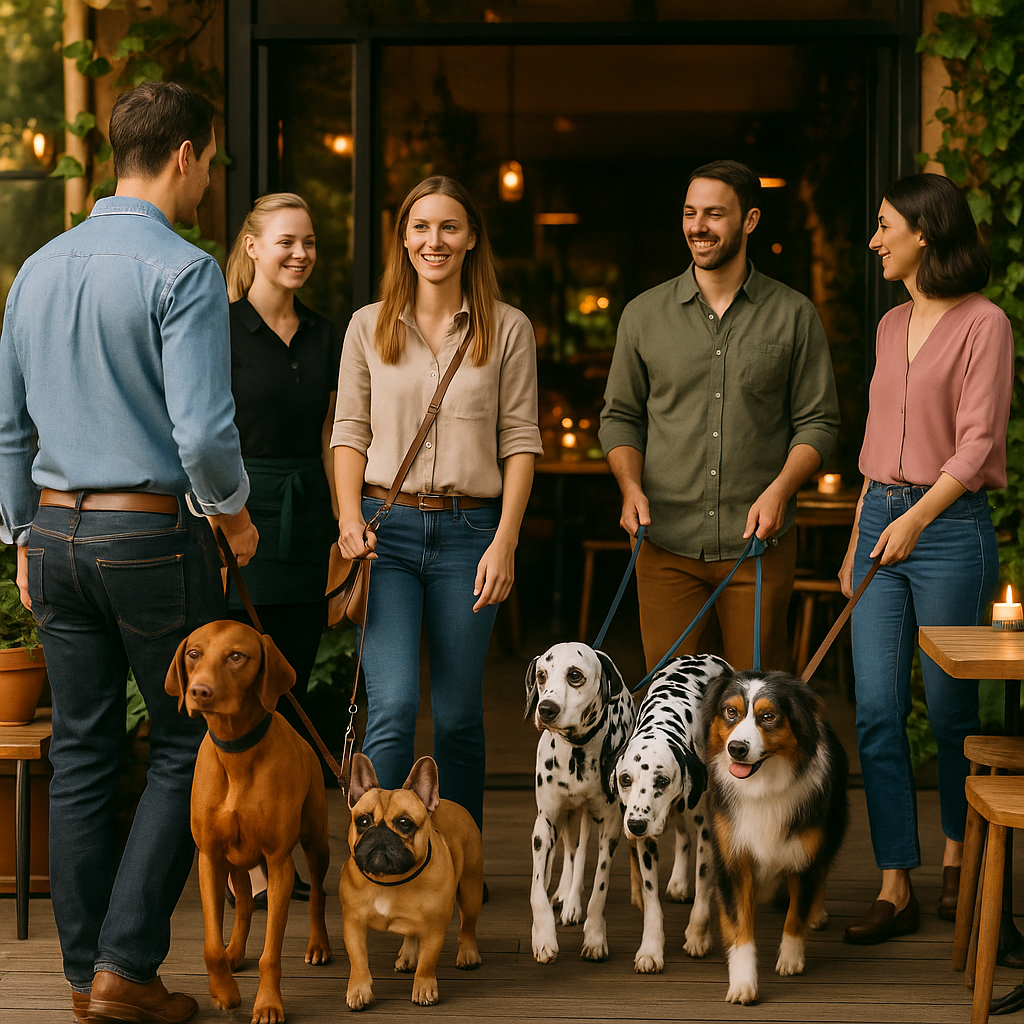 Menschen mit Hunden treffen sich vor einem Restaurant Stuttgart Hundeschule