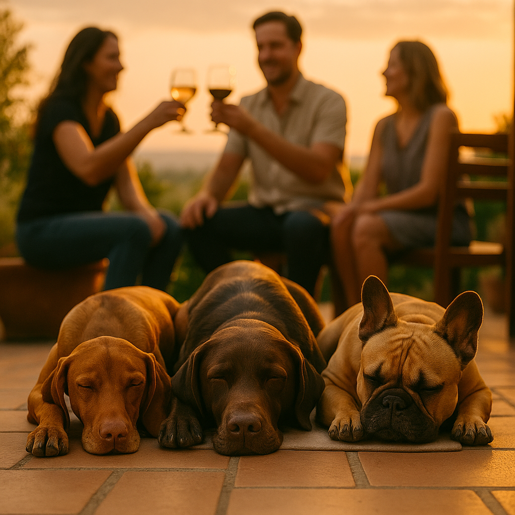 Sonnenuntergang, Hunde liegen entspannt und menschen trinken ein Glas Stuttgart Hundeschule