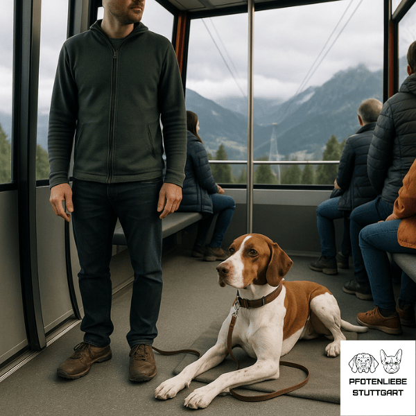 Fichtlmeier Kurs Hund macht Ruheübung in der Gondelbahn Stuttgart Hundeschule