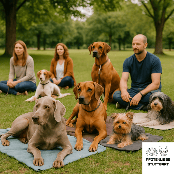 Fortgeschrittene Hunde liegen alle gemeinsam auf den Decken, Stuttgart Hundeschule