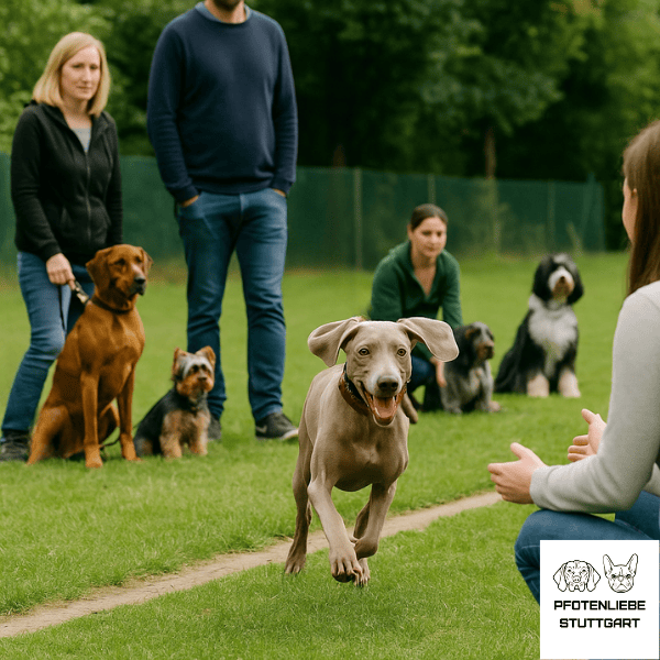 Fortgeschittene Hunde einer wird abgerufen die anderen warten, Stuttgart Hundeschule