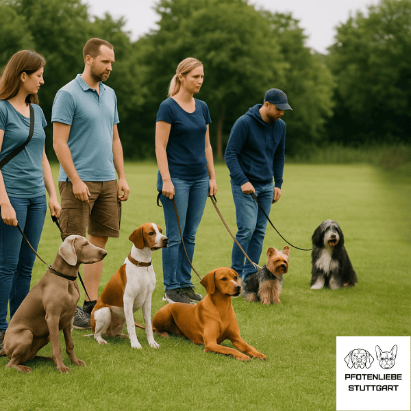 Fortgeschrittene Hunde warten bei ihren Haltern Stuttgart Hundeschule