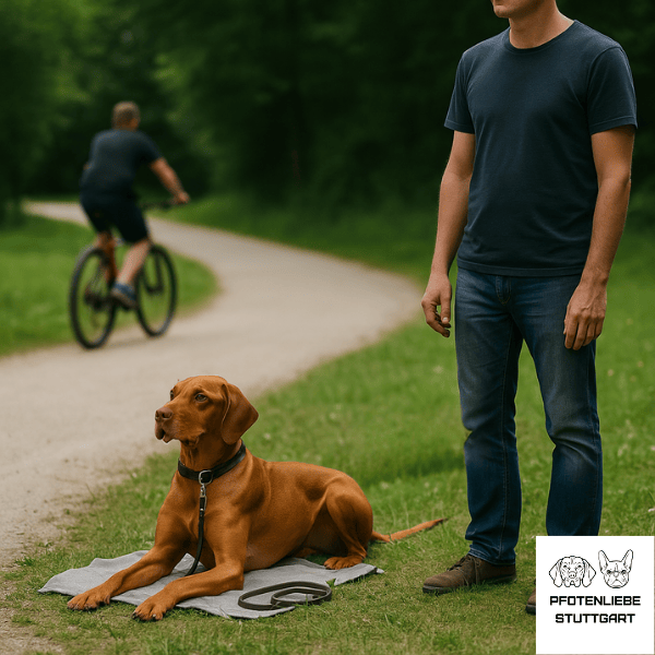 Gelassener Hund Hund liegt entspannt trotz Radfahrer Stuttgart Hundeschule