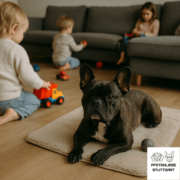 Gelassener Hund Hund liegt entspannt während Kinder spielen Stuttgart Hundeschule