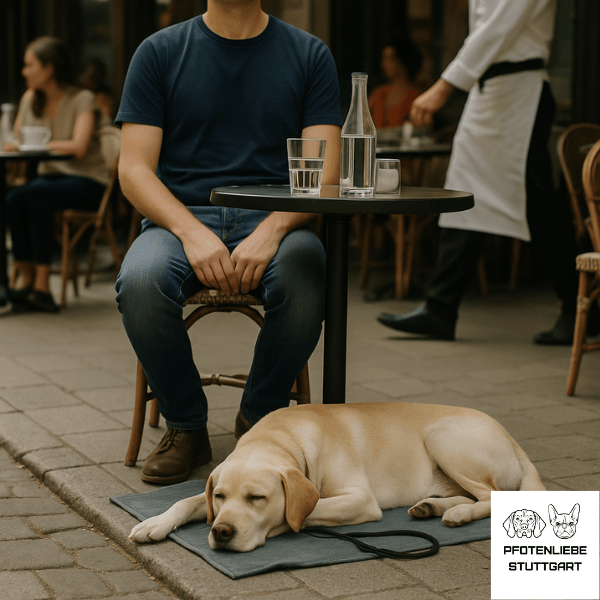 Gelassener Hund Hund schläft entspannt im Cafe Stuttgart Hundeschule
