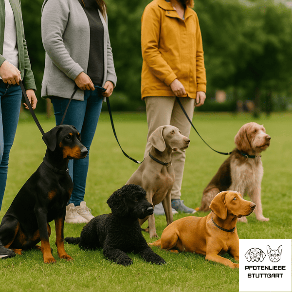 Hunde sitzen in Gruppe und warten Stuttgart Hundeschule