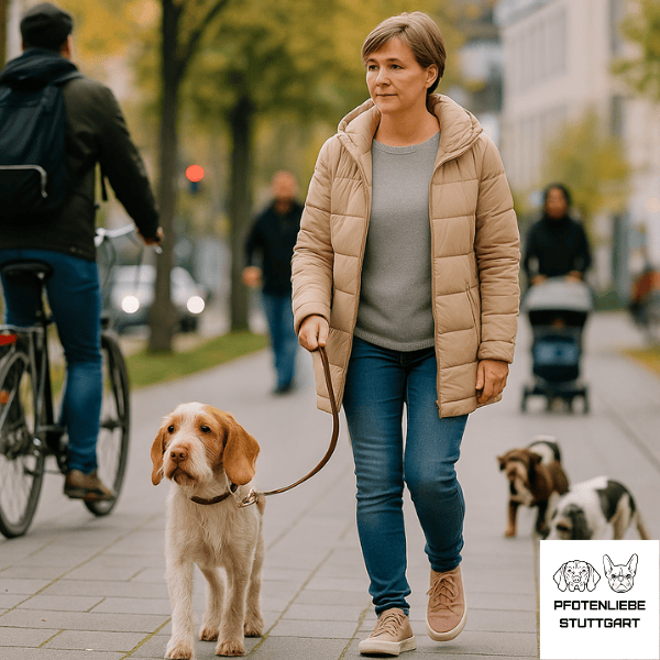 Hund läuft an lockerer Leine in der Stadt unter Ablenkung, Stuttgart Hundeschule