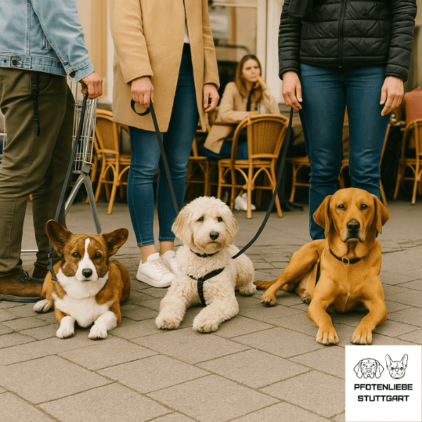 Hunde liegen entspannt vor Cafe Stuttgart Hundeschule