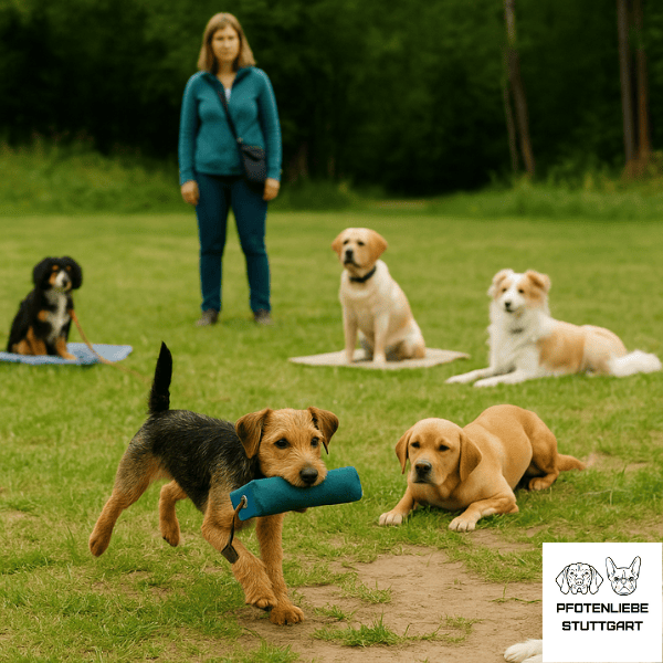 Junghund apportiert an Hundegruppe vorbei, Stuttgart Hundeschule