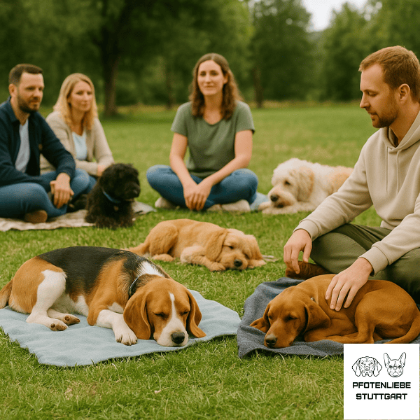 Junghund leigen gemeinsam auf Decken und entspannen, Stuttgart Hundeschule
