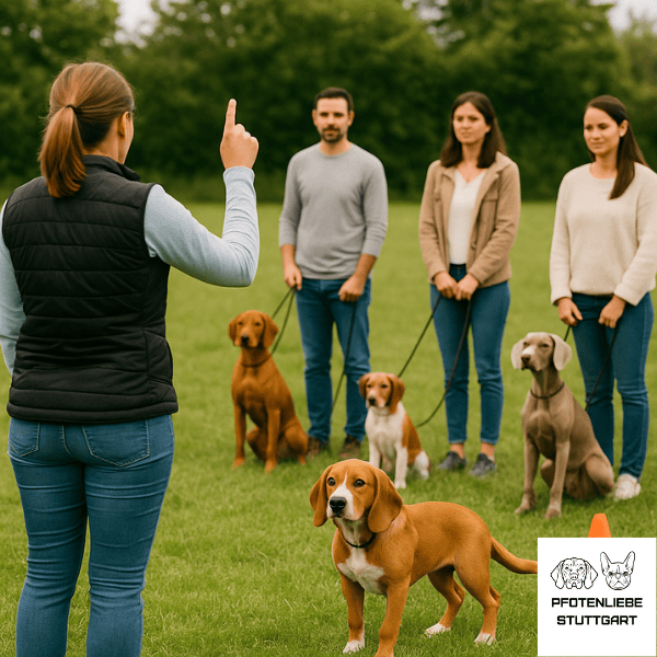 Junghund bekommt Sitz Signal vor Hundegruppe Stuttgart Hundeschule
