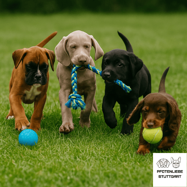 Kaufberatung Welpe Welpen rennen mit Spielzeug herum Stuttgart Hundeschule