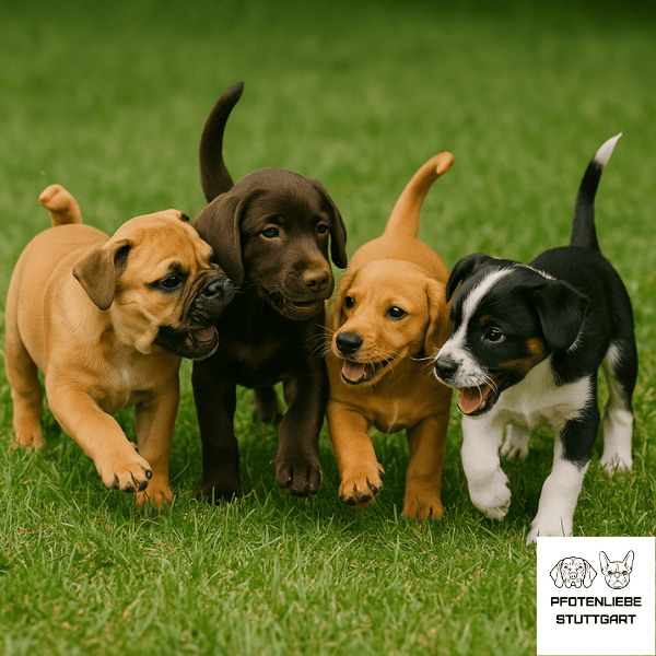 Kaufberatung Welpe Welpen rennen über die wiese Stuttgart Hundeschule