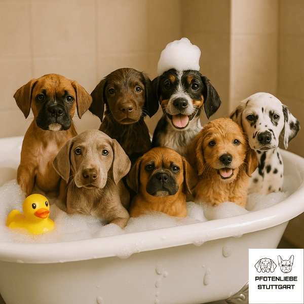 Kaufberatung Welpe Welpen sitzen in Badewanne Stuttgart Hundeschule