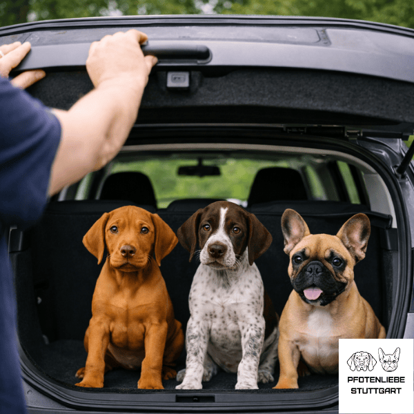 Dei 3 Hunde sitzen im ge&ouml;ffneten Kofferaum Stuttgart Hundeschule