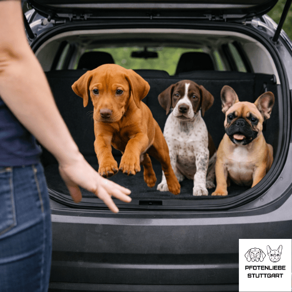Ein Hund springt aus dem Kofferraum heraus Stuttgart Hundeschule