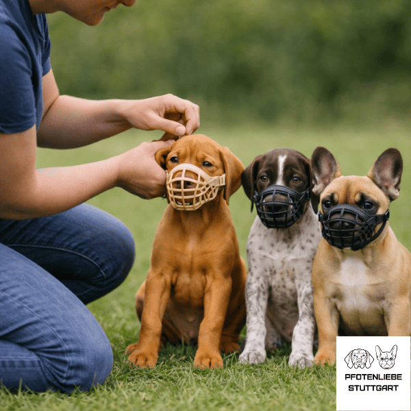 Einem Welpen wir ein Maulkorb aufgezogen Stuttgart Hundeschule