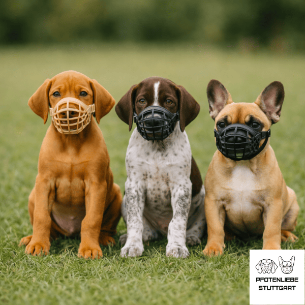 die 3 Welpen haben alle einen Maulkorb an Stuttgart Hundeschule