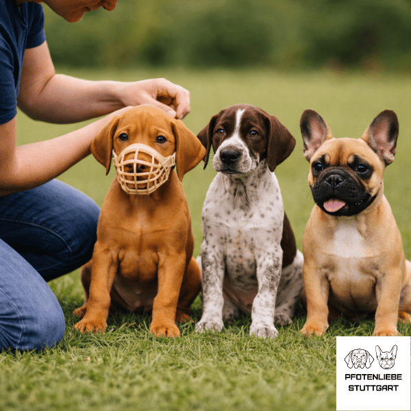 einem Welpen wird ein Maulkorb aufgezogen Stuttgart Hundeschule