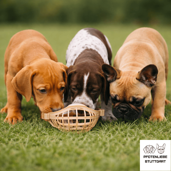 die 3 Welpen schn&uuml;ffeln an einem Maulkorb Stuttgart Hundeschule