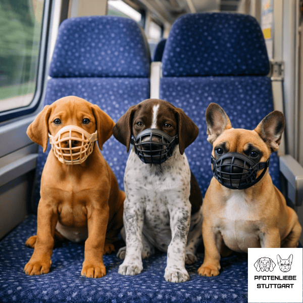 die 3 Welpen sitzen mit einem Maulkorb angezogen in der Bahn Stuttgart Hundeschule