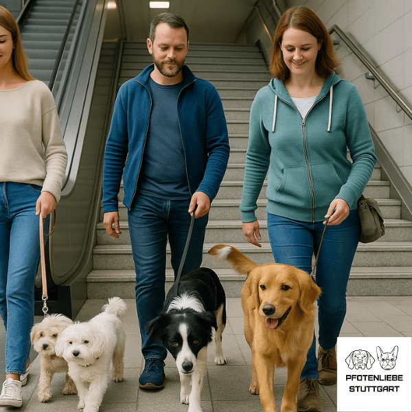 Stadttraining Hunde an lockere Leine laufen eine Treppe hinunter Stuttgart Hundeschule