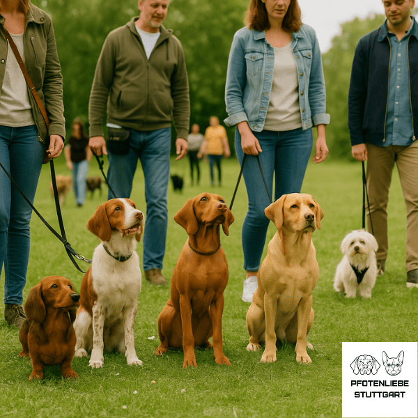 Kostenlose Schnupperstunde Hunde sitzen vor ihren Halten in der Reihe Stuttgart Hundeschule