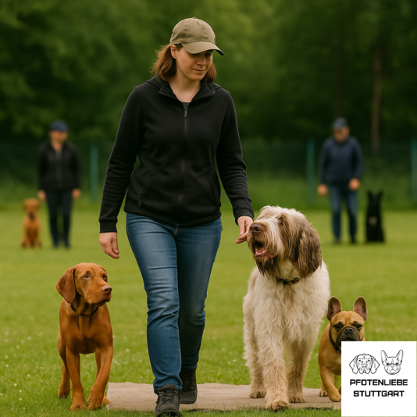 Kostenlose Schnupperstunde Mensch läuft mit 3 Hunden an seiner Seite Stuttgart Hundeschule