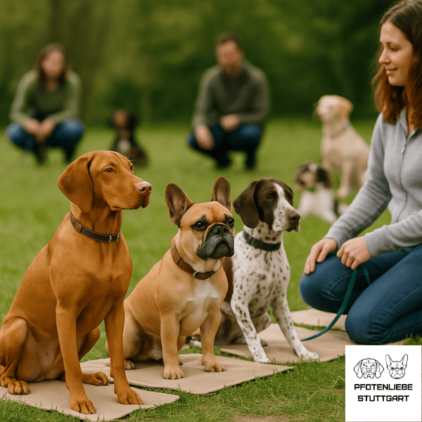 Kostenlose Schnupperstunde Hunde sitzen in einer Reihe und warten Stuttgart Hundeschule
