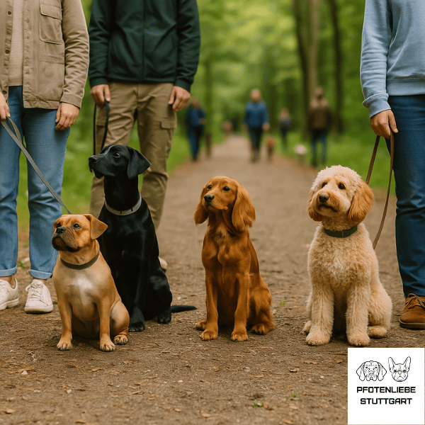 Social Walk Hunde warten sitzend nebeneinander Stuttgart Hundeschule
