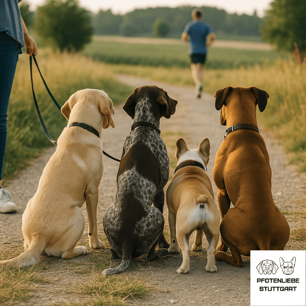 Social Walk Hunde beobachten gemeinsam sitzend einen Jogger Stuttgart Hundeschule