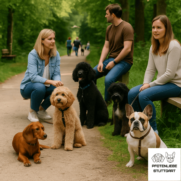 Social Walk Hunde warten gemeinsam und sitzen dabei Stuttgart Hundeschule