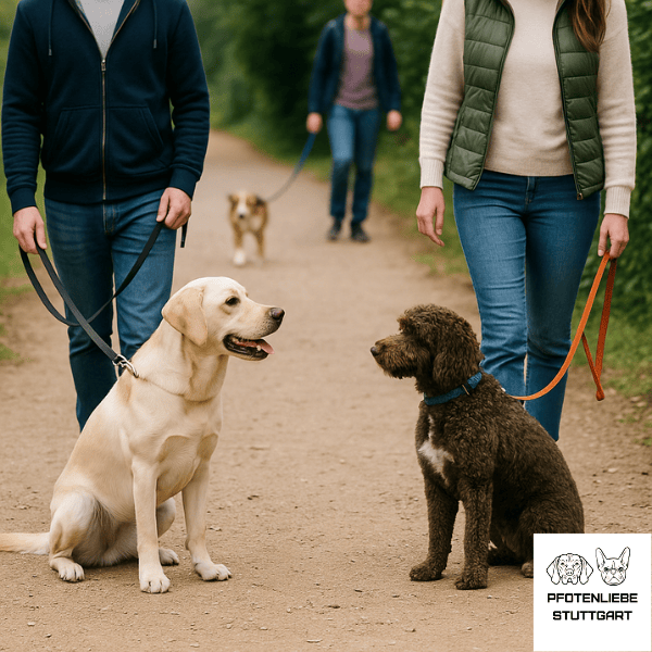Social Walk Hunde an Leine und schauen sich dabei an Stuttgart Hundeschule
