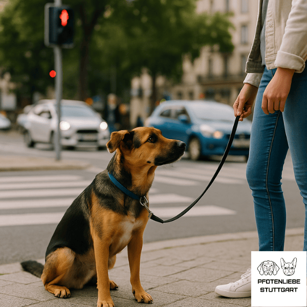 Satdttraining Hund sitzt an Fußgängerübergang und wartet Stuttgart Hundeschule