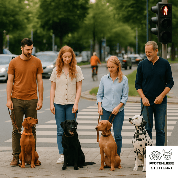 Stadttraining, Hundegruppe wartet an Fußgängerübergang Stuttgart Hundeschule