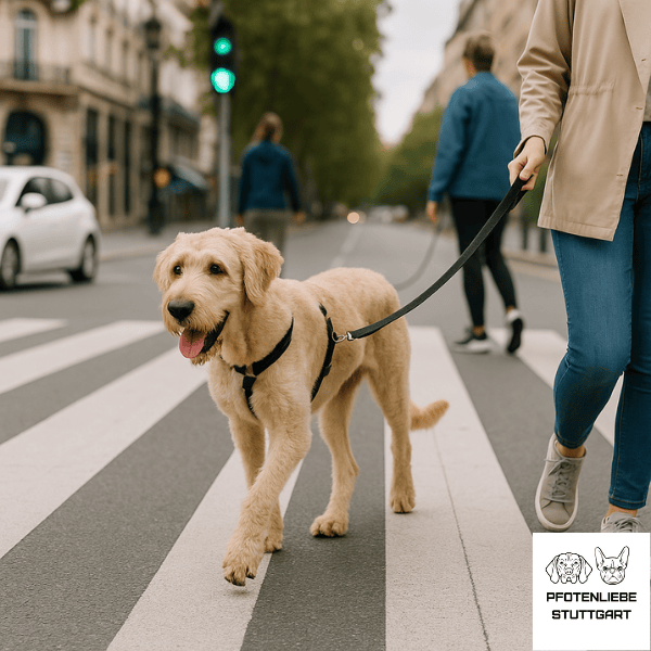 Stadttraining Hund läuft über den Fussgängerübergang Stuttgart Hundeschule