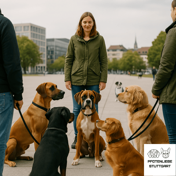 Stadttraining Hunde sitzen in Fussgängerzone Stuttgart Hundeschule