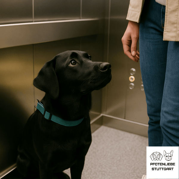 Stadttraining Hund fährt mit seinem Halter Aufzug Stuttgart Hundeschule