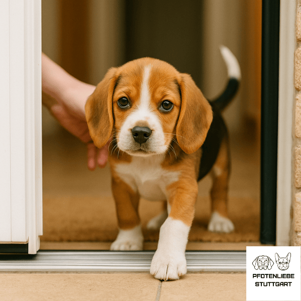 Beagle Welpe läuft durch die Türe, Stuttgart Hundeschule