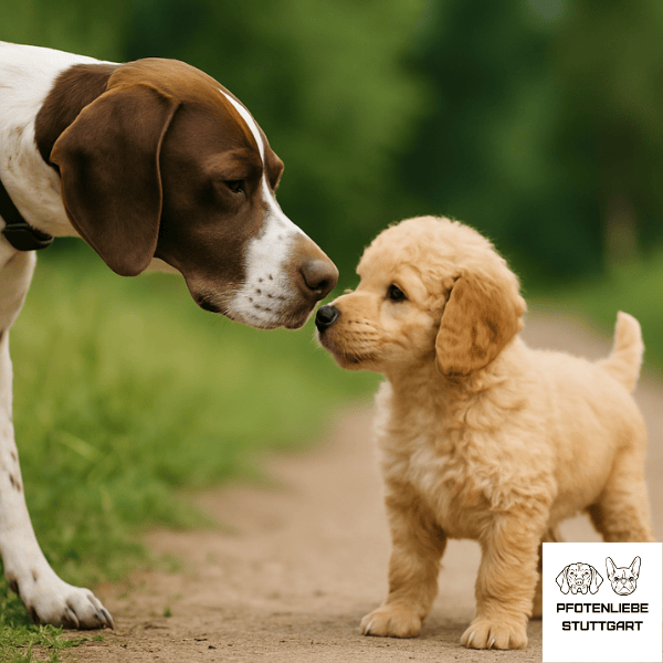 Pointer schnüffelt an Pudelwelpe Stuttgart Hundeschule