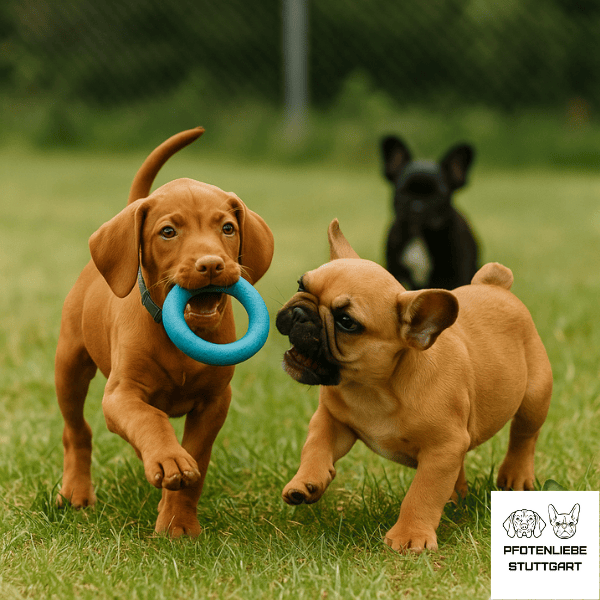 Viszla Welpe und französische Bulldogge Welpe rennen miteinander Stuttgart Hundeschule
